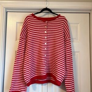 SHEIN Red and White Buttoned Striped Sweater